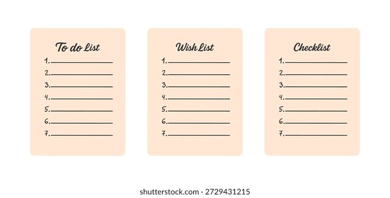 Vector set of planner templates including to-do lists, wish lists, and checklists, designed for organization, productivity, and printable stationery projects in a clean modern style.
