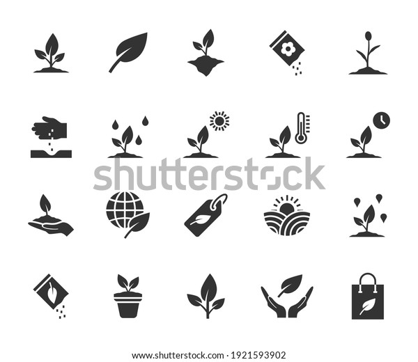 Vector set of plant flat icons. Contains icons\
seedling, seeds, growing conditions, leaf, growing plant and more.\
Pixel perfect.