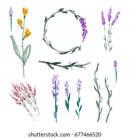 Vector set of plant illustrations. Flowers and twigs, elements for logos, posters and postcards. All the details are puzzle out, can be placed on any background.