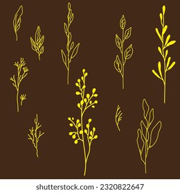 Vector set of plant and leaf silhouettes, Vector isolated on dark background for invitation, greeting card, date saving, for patterns and prints