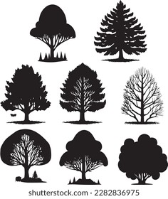 Vector Set of plant and tree silhouette illustration, Minimalist tree silhouette set