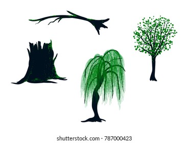 vector set of plants covered by glowing moss. willow,trunk and branch illustration