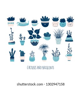 Vector set of plants in cute pots. Limited color palette.