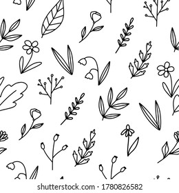 Vector set of plants, floral seamless pattern, leaves, leaf, doodle ornament, drawn garden pattern