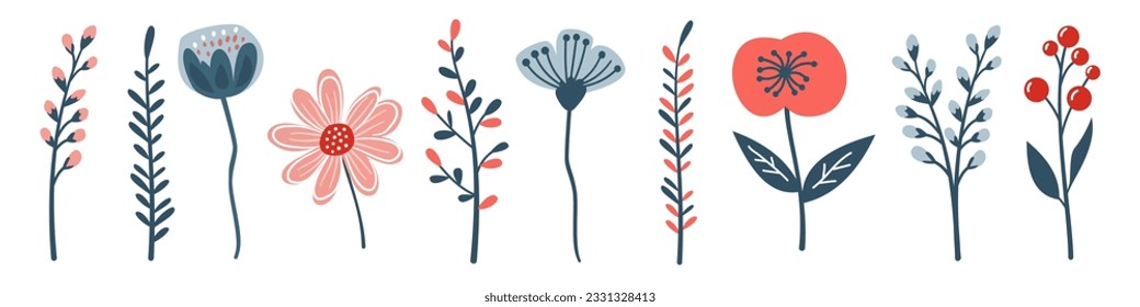 Conjunto vectorial de plantas y flores al estilo escandinavo. Plantas con fondo de banda estilo doodle