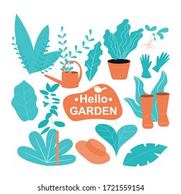 conjunto vectorial de plantas y herramientas de jardín. Hola jardín en colores naranja y azul