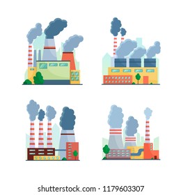 Vector set of plants of heavy industry. Air pollution.
