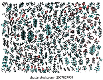 Vector set of plants in pink turquoise colors. hand-drawn in doodle style, a large set of isolated elements twigs, turquoise leaves and pink berries on a white background for a design template