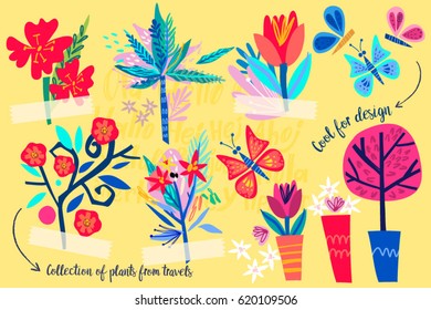 Vector set of plants, trees and flowers.