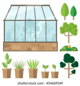 Vector set with plants, trees and greenhouse. Gardening set. 