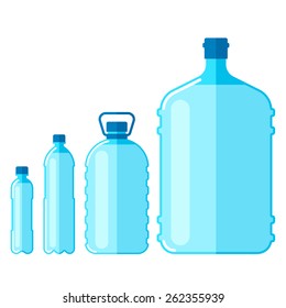 Vector set of plastic bottles with water, isolated on white background.