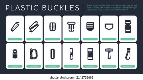 Vector set of plastic buckles and fastening solutions. List of products. Dark blue background.