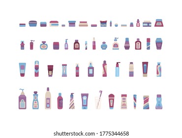 Vector set of plastic cosmetic bottle, dispenser, container, jar, tube. Cartoon shampoo, cream, lotion, scrub, perfume, soap, moisturizer collection. Flat icons isolated on white background