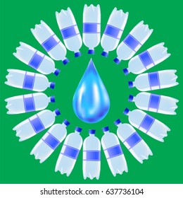 Vector Set of Plastic Water Bottles and Blue Water Drop Isolated on Green Background