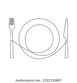 Vector set. Plate, fork, knife icon, tableware cutlery one line continuous drawing illustration. Hand drawn linear silhouette. Minimal outline design, print, banner, card, brochure, poster, menu.