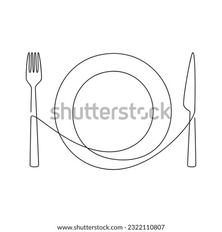 Vector set. Plate, fork, knife icon, tableware cutlery one line continuous drawing illustration. Hand drawn linear silhouette. Minimal outline design, print, banner, card, brochure, poster, menu.