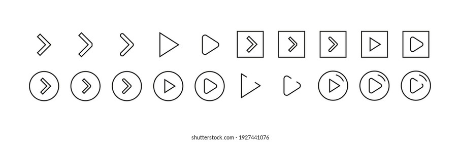 Vector set of play button thin line icons. Design of 20 stroke pictograms. Play button signs isolated on a white background.