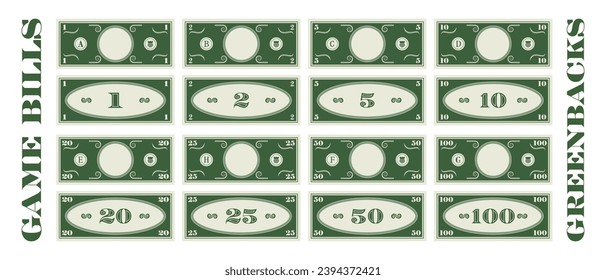 Vector set of play money. Banknotes in denominations of 1, 2, 5, 10, 20, 25, 50 and 100. Greenbacks. Collection of bills. Obverse and reverse. Empty circle in center. Samples of cash. Part 1.