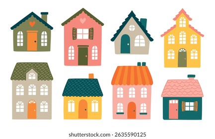 Vector set with playful buildings, Scandinavian and childish style. For children's books, educational materials, posters, cards and seasonal designs. Fully editable for creative projects.