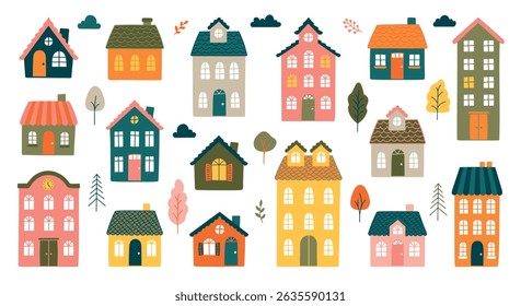 Vector set with playful buildings, Scandinavian and childish style. For children's books, educational materials, posters, cards and seasonal designs. Fully editable for creative projects.