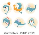 Vector set of playful happy dolphins in cartoon style.