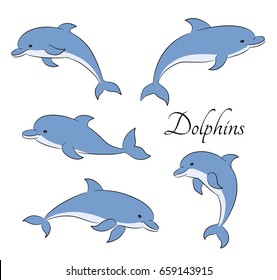 Vector set of playful happy dolphins in cartoon style.