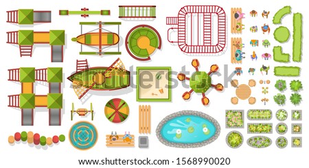 Vector set. Playground. Top view. Playgorund element for kids set. Slide and seasaw, swing and rocket. Equipment for kindergarten. View from above.