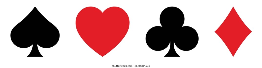 Vector set of playing card suits including spade, heart, club, and diamond with bonus icons like joker, dice, and casino chip. Perfect for card games, casino UI, and gambling themes.