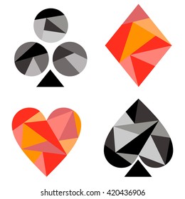 Vector set of playing card symbols. Black and red icons isolated on the backgrounds. Polygonal design. Geometric triangular origami style, graphic illustration. 