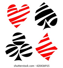 Vector set of playing card symbols. Hand drawn decorative black and red lined icons isolated on the backgrounds. Graphic illustration
