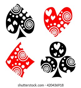 Vector set of playing card symbols. Hand drawn black and red ornamental decorative icons with white hearts, spiral and dots, isolated on the backgrounds. Graphic illustration
