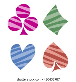 Vector set of playing card symbols. Hand drawn decorative colorful lined icons isolated on the backgrounds. Graphic illustration