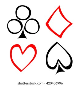 Vector set of playing card symbols. Hand drawn black and red icons isolated on the backgrounds. Graphic illustration