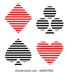 Vector set of playing card symbols. Black and red lined icons isolated on the backgrounds. Graphic illustration 