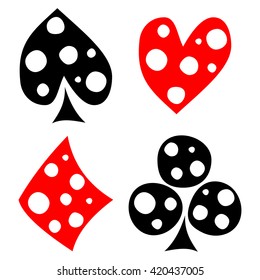 Vector set of playing card symbols. Hand drawn black and red icons with white dots, isolated on the backgrounds. Graphic illustration