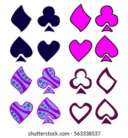 Vector set of playing card symbols. Hand drawn decorative bcolorful icons isolated on the backgrounds. Graphic vector illustration