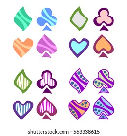 Vector set of playing card symbols. Hand drawn decorative colorful icons isolated on the backgrounds. Graphic vector illustration