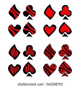 Vector set of playing card symbols. Hand drawn decorative black and red icons isolated on the backgrounds. Graphic vector illustration