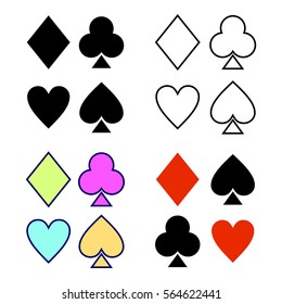 Vector set of playing card symbols. Hand drawn decorative bcolorful icons isolated on the backgrounds. Graphic vector illustration
