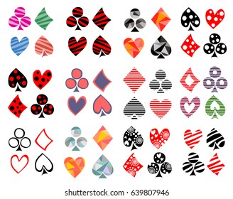 Vector set of playing card symbols. Hand drawn different ornamental, lined, triangular, dotted decorative icons, Graphic illustration