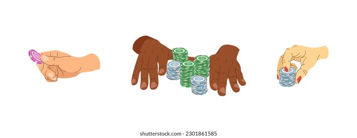 Vector set of playing chips in hands. All in moment in poker and bet. Multicultural casino players. Diversity. Illustrations for gambling industry. Cards, rules and web banners for online casino.