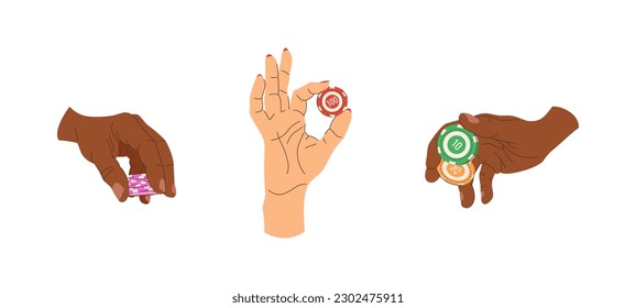 Vector set of playing chips in hands. Bet and tricks with chips. Multicultural casino players. Diversity. Illustrations for gambling industry. Cards, rules and web banners for online casino.