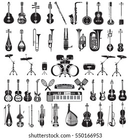 Vector set of plucked and bowed string, wind and other musical instruments isolated on white background. Black and white icons, flat style design.