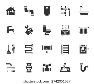 Vector set of plumbing flat icons. Contains icons pipe, faucet, valve, sink, towel dryer, toilet bowl, leak, water heater, shower and more. Pixel perfect.