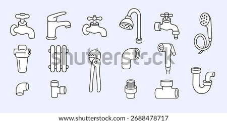 Vector set of plumbing icons, including faucets, pipes, shower heads, valves, and tools	