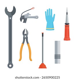 Vector set of plumbing tools on white background. Pipe wrench, pipe cutter, rubber glove, screwdriver, pliers, plunger, pipe fitting. Flat plumbing illustration for worker’s day or repair service.


