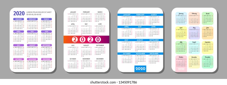 Vector set of pocket calendar. Calendar grid for 2020.