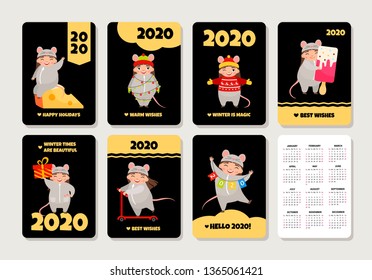 Vector set of pocket calendars with cute cartoon girl in mouse costume. Symbol of the Chinese New Year 2020. Template for posters, banners, calendars.
