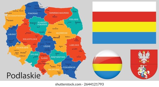 Vector set of Podlaskie Region, Poland, featuring the official flag, coat of arms, and map. Suitable for Polish heritage, education, and editorial design.