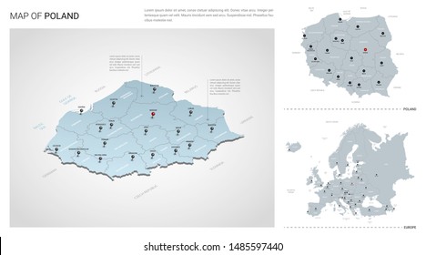 Vector set of Poland country.  Isometric 3d map, Poland map, Europe map - with region, state names and city names. 